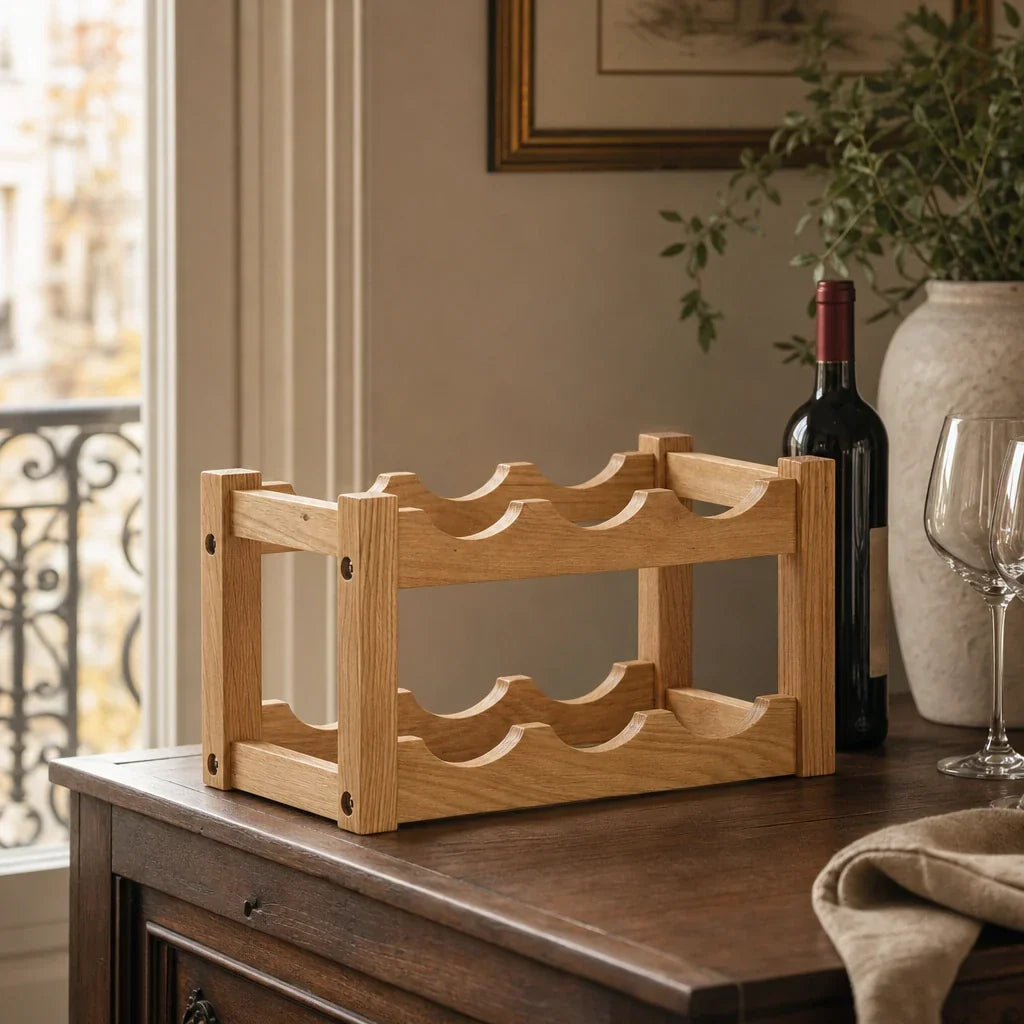 Casier à vin Le Chêne posé sur un plan de travail avec bouteilles