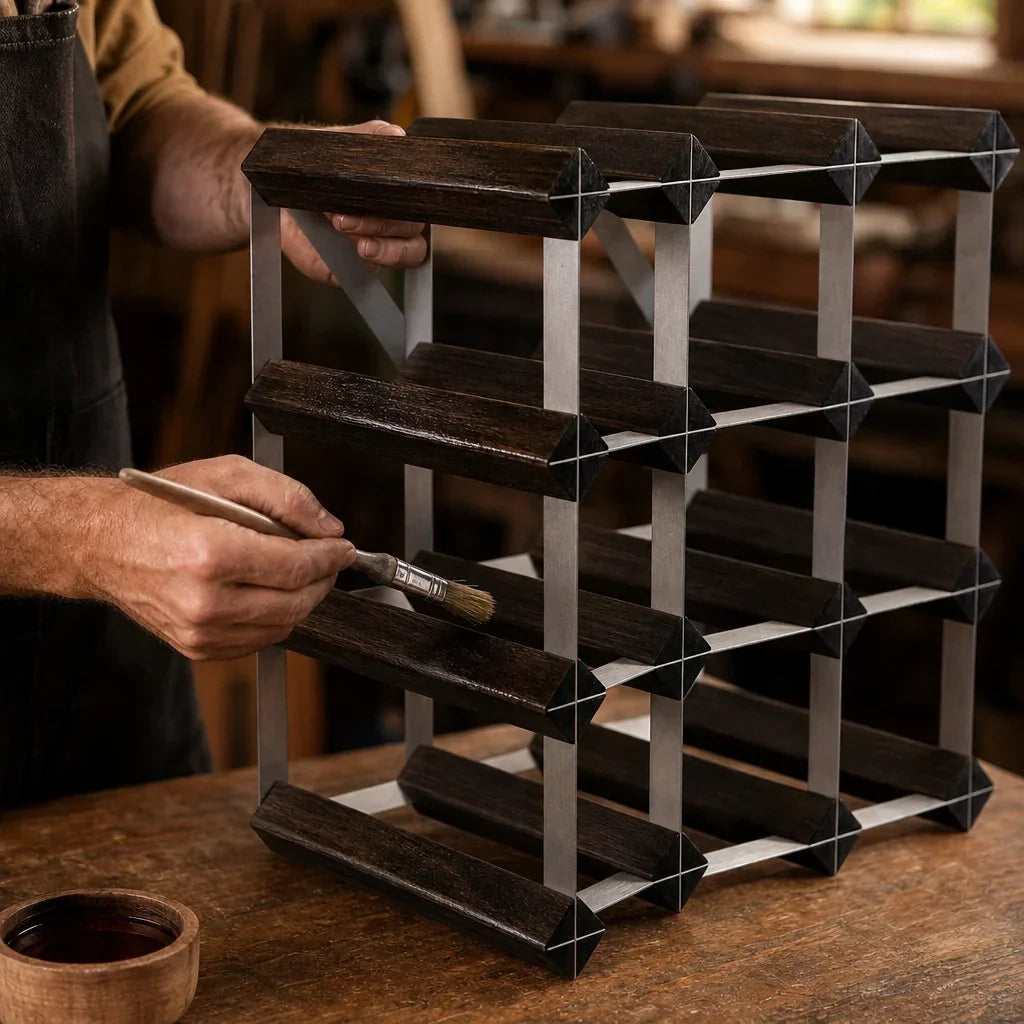Casier à vin Le Cube, détail de l'acier noir et du pin massif