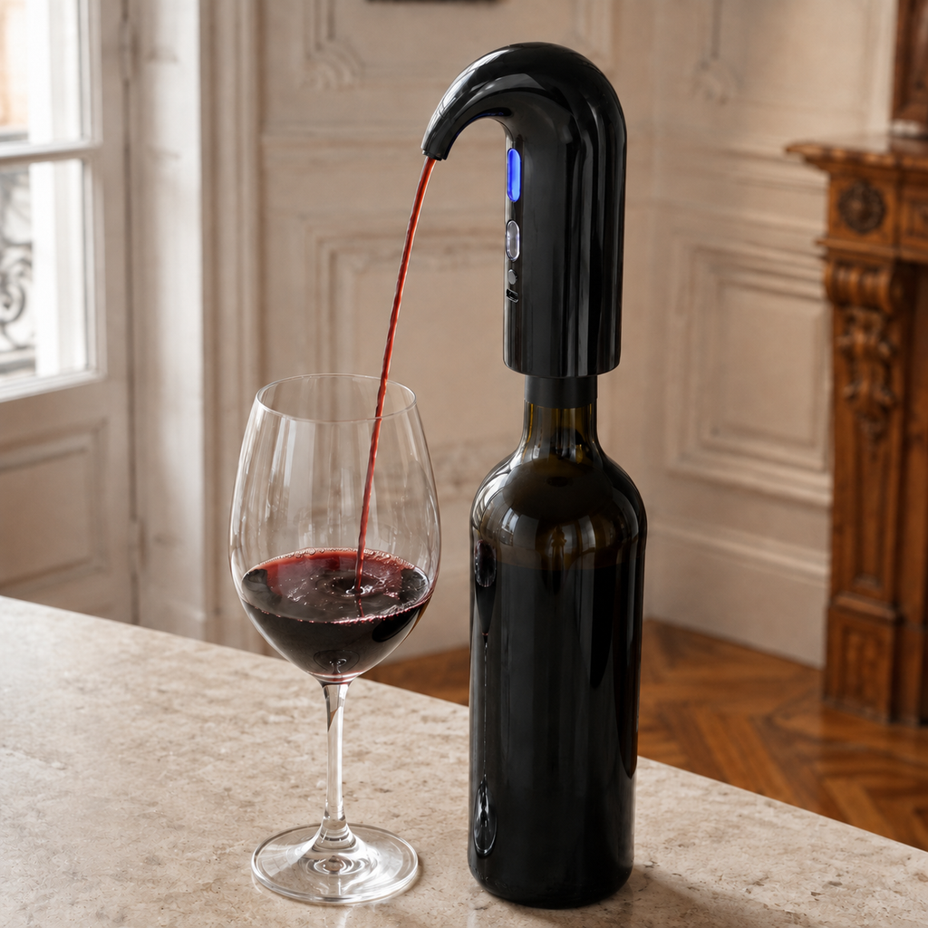 L'Aérateur, aérateur-verseur à vin électrique rouge, fond blanc