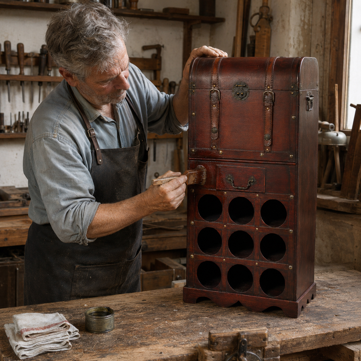 Casier à vin La Malle, détail du loquet de fermeture