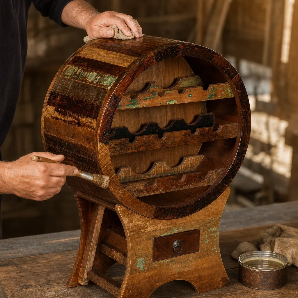 Casier à vin La Barrique, détail des bois de récupération multicolores